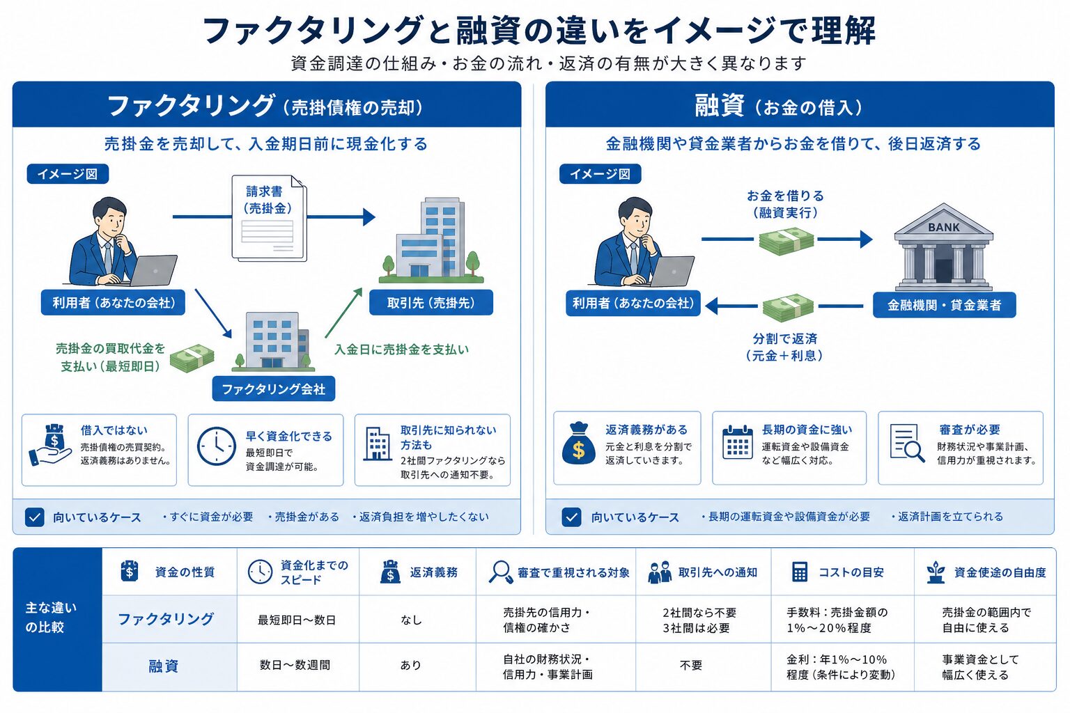 ファクタリングと融資の仕組みの違いを示す比較図