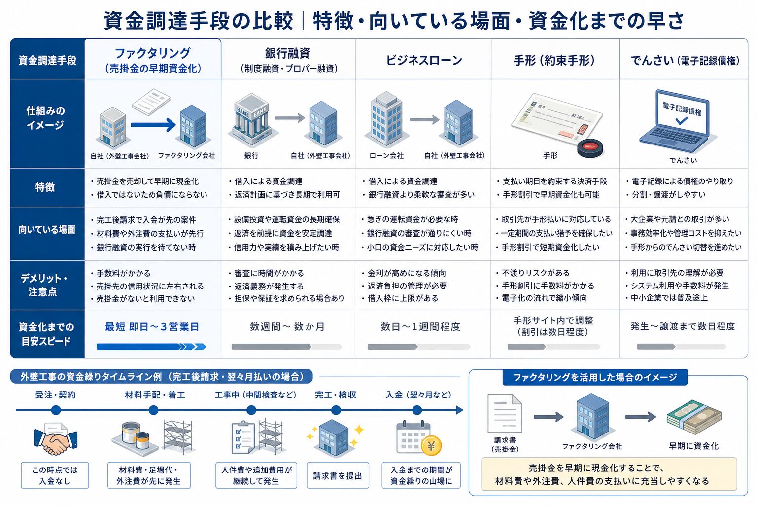 ファクタリングと融資などの資金調達手段の違いを比較したイメージ