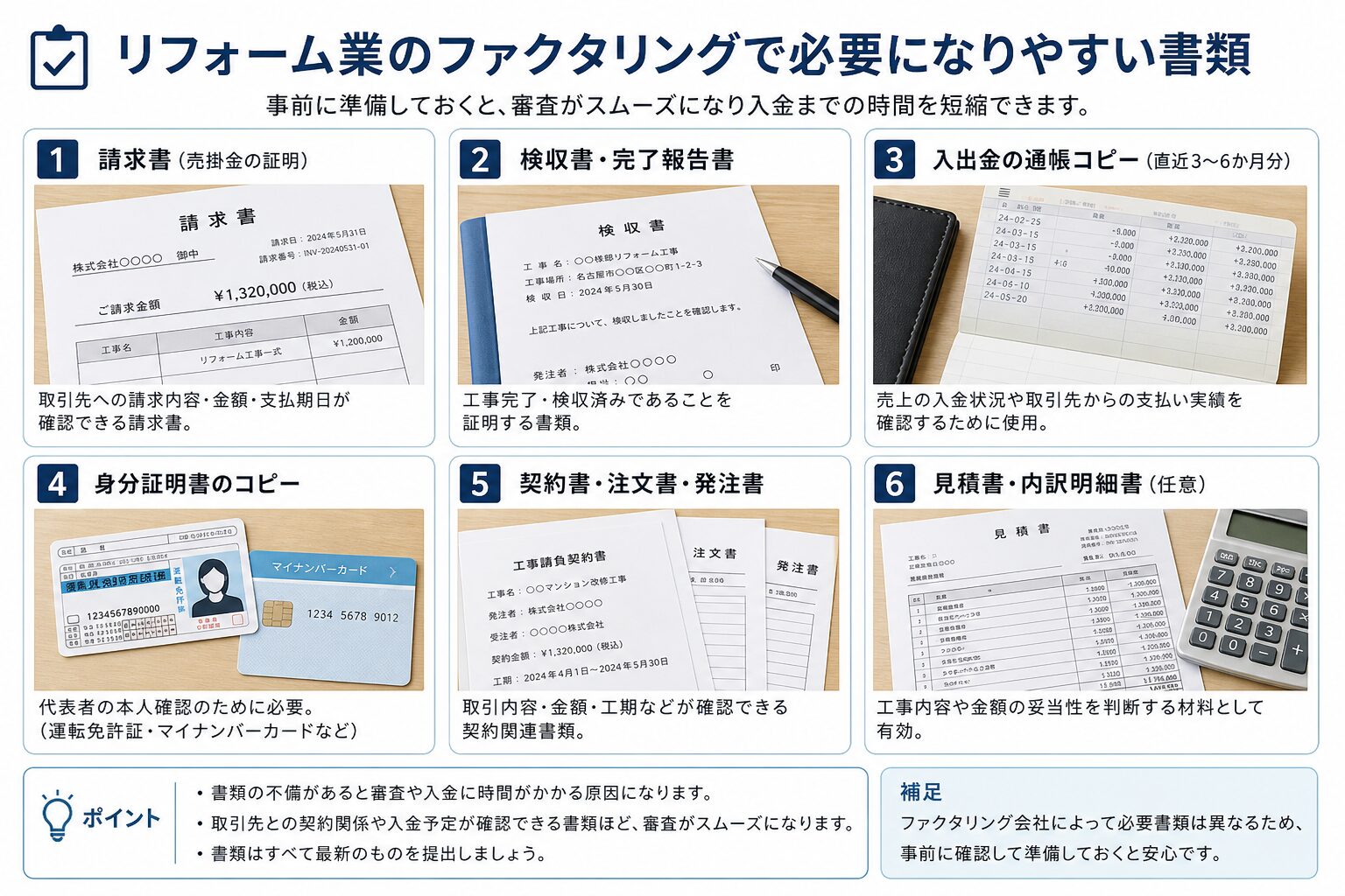 リフォーム業のファクタリング申込で準備したい書類のイメージ
