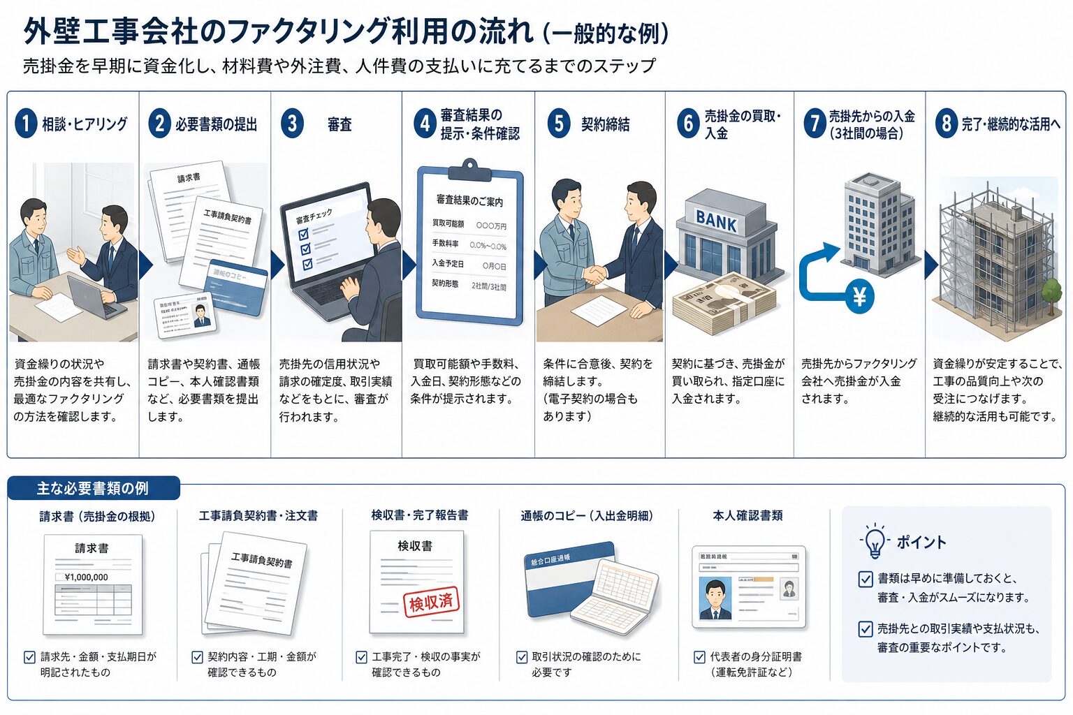 ファクタリングの必要書類と利用の流れを示したイメージ