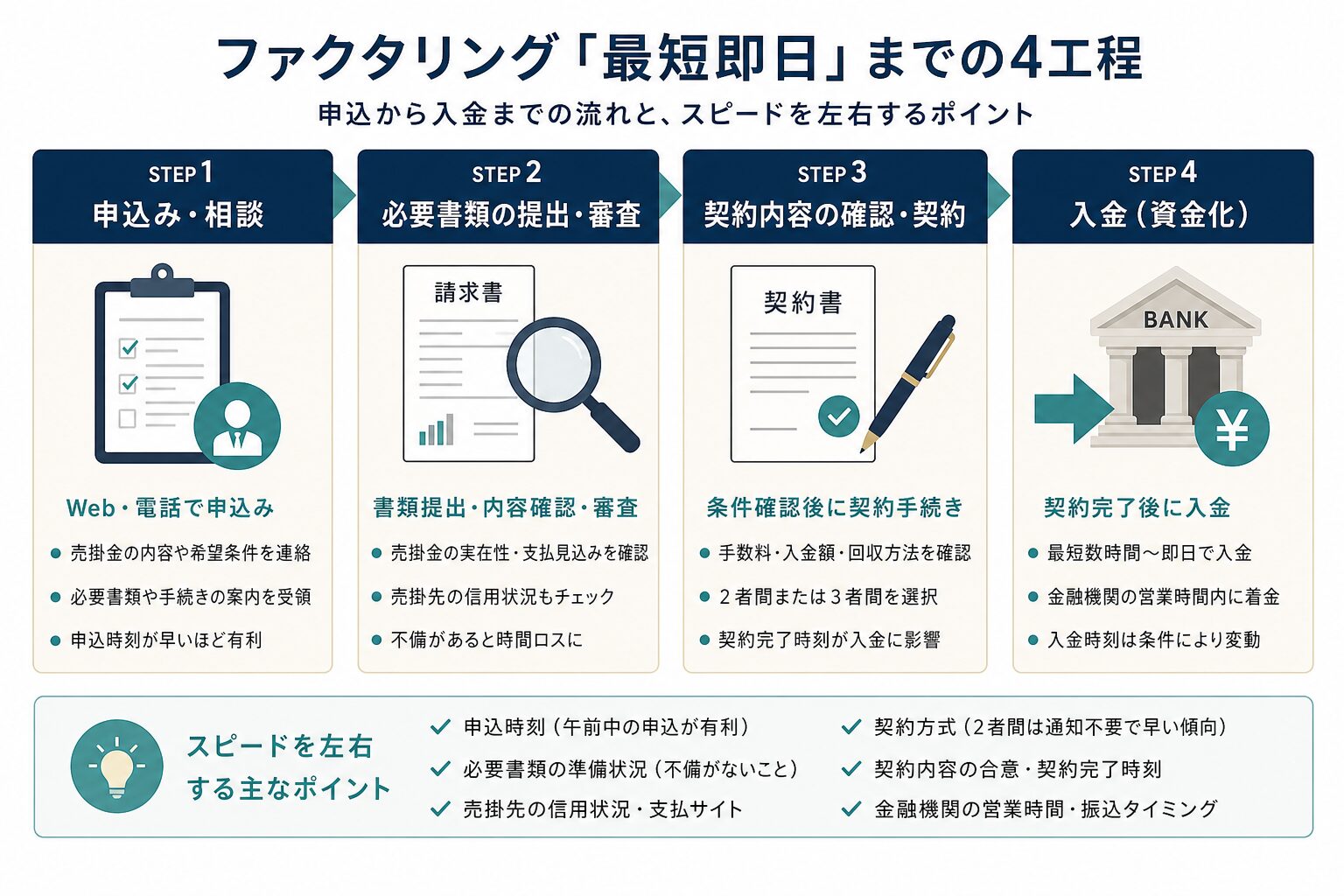 ファクタリングの申込みから振込までの4工程