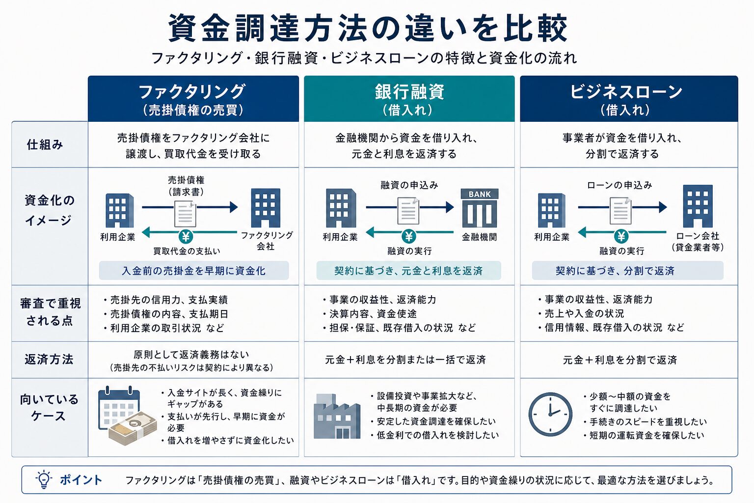 ファクタリング・銀行融資・ビジネスローンの仕組みの違い