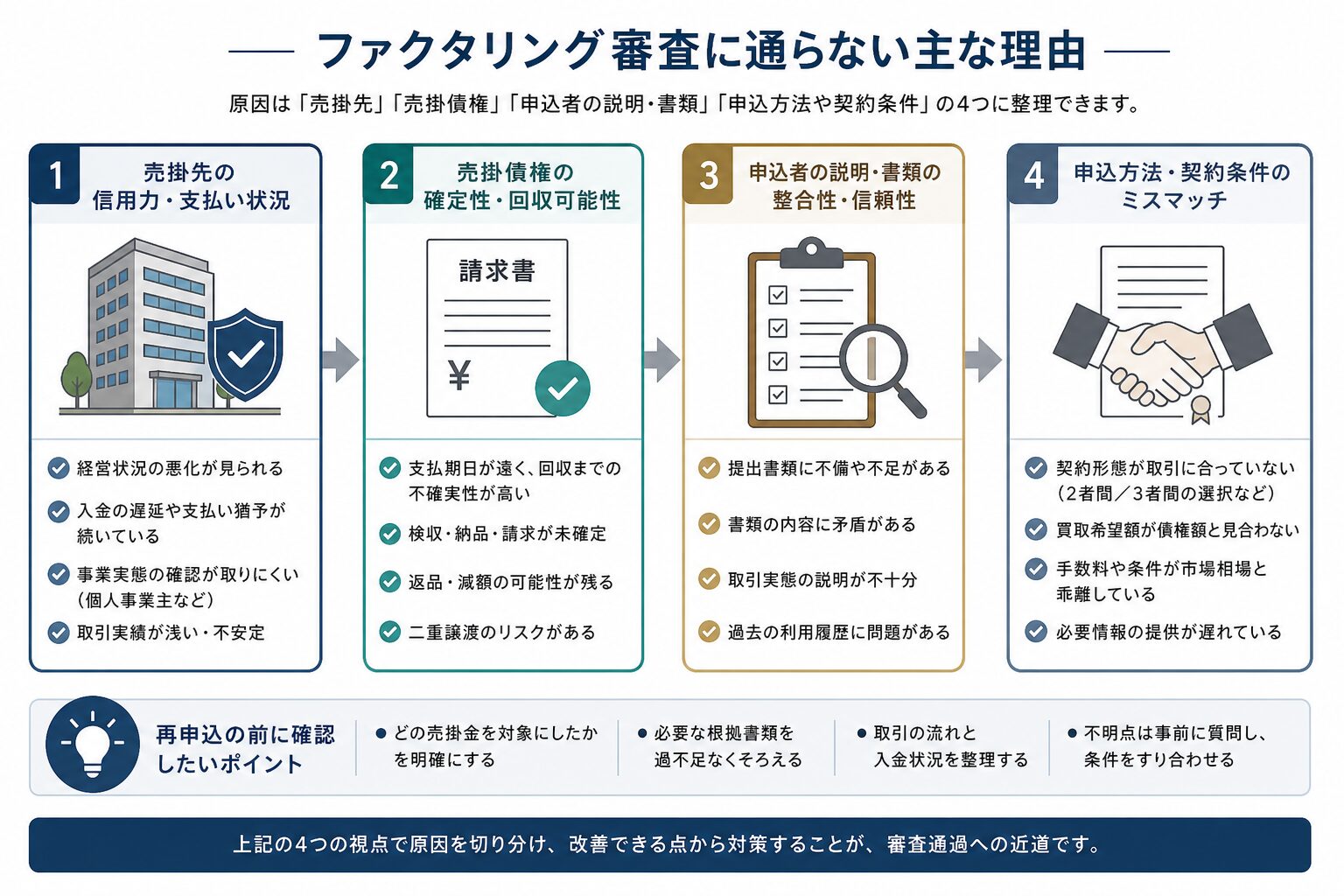 ファクタリング審査で確認される売掛先・債権・書類・契約条件の4項目