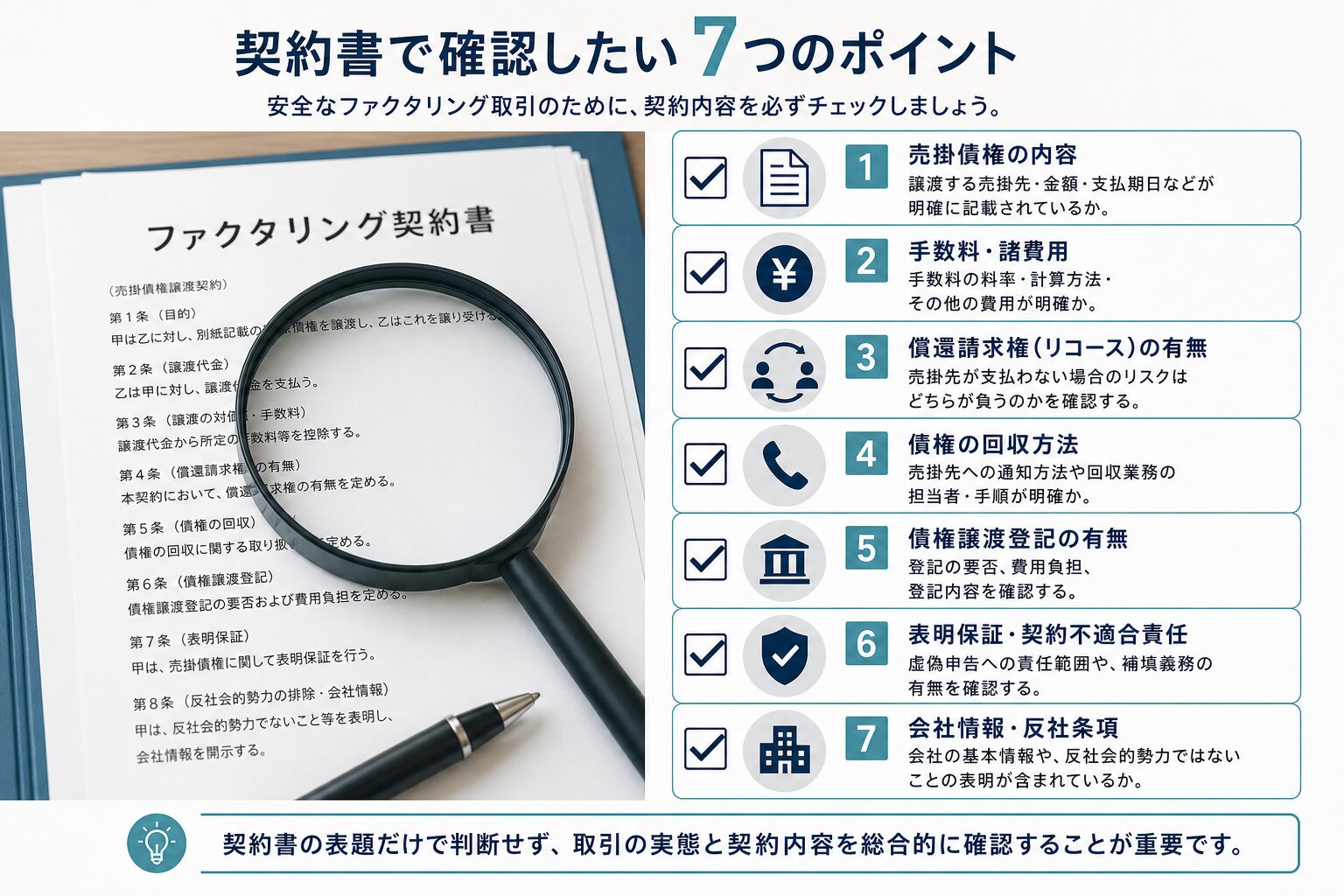 ファクタリング契約書の確認項目を示すチェックリスト