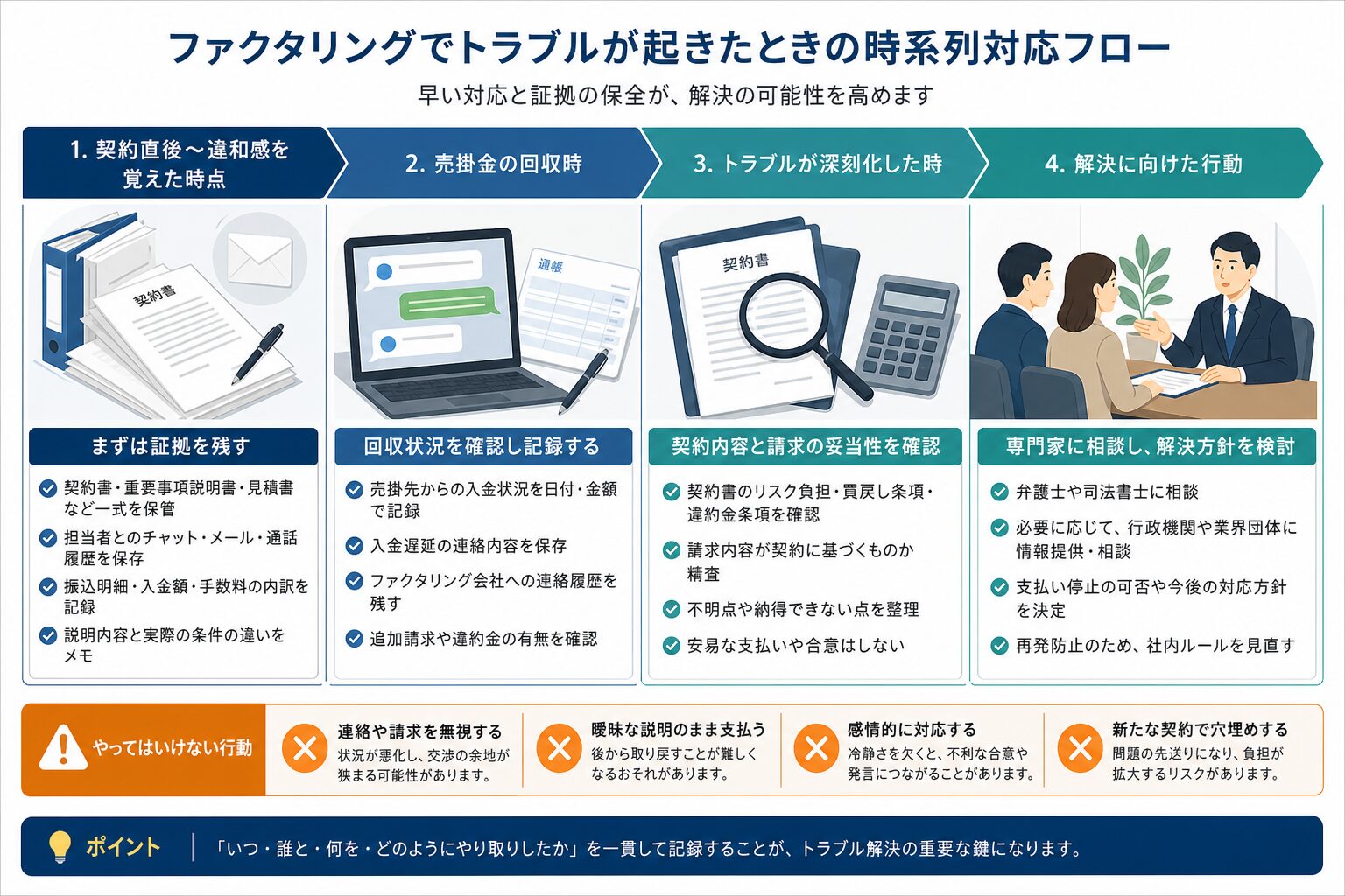 ファクタリングのトラブル発生後に行う記録保存と相談の流れ